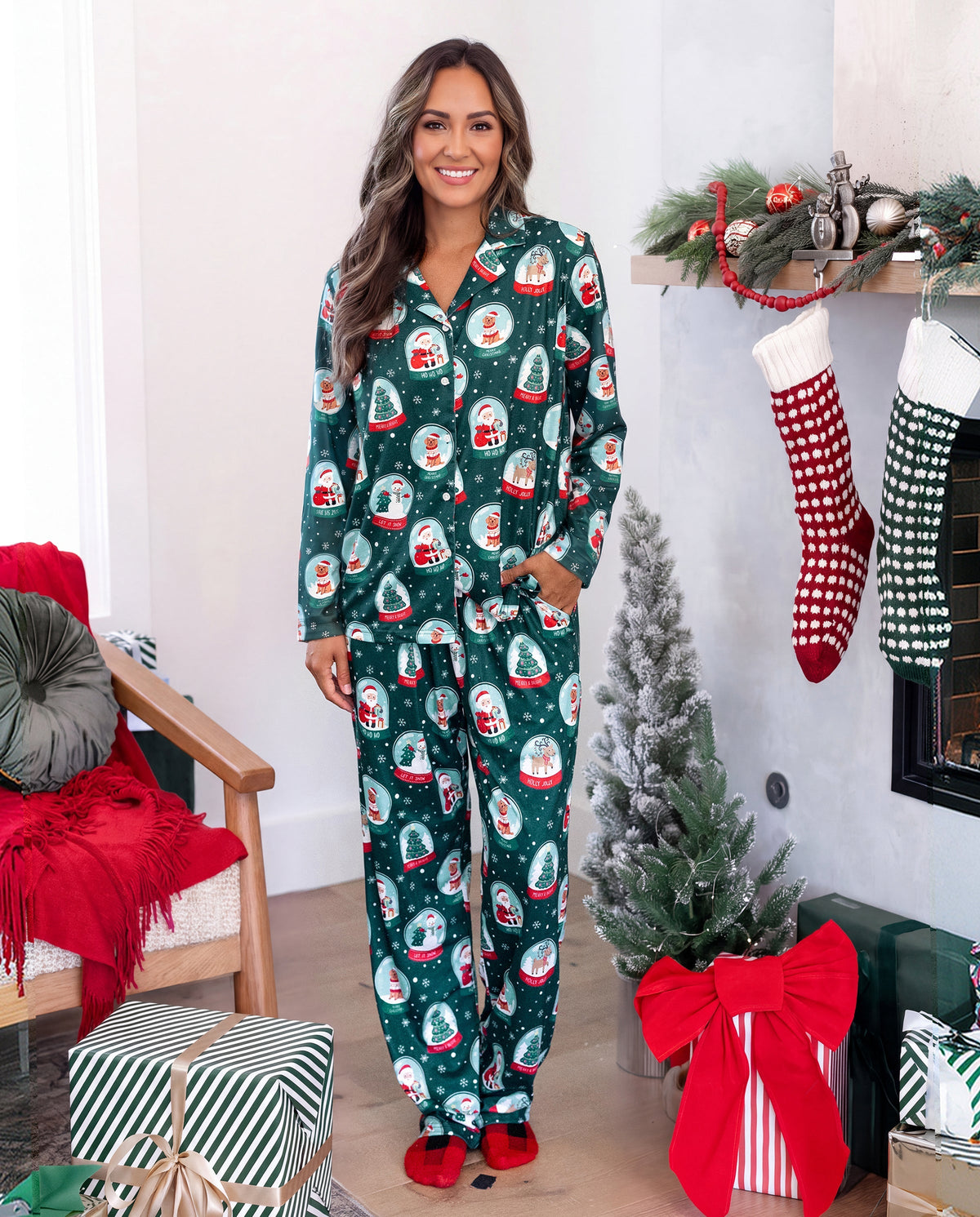 PatPat Matching Family Christmas Pajamas Snow Globe Print Dark Green Plus Size