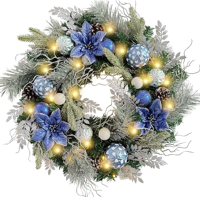 WANNA-CUL Pre-Lit 24 Inch Christmas Wreath for Front Door Silver Blue Lighted Christmas Door Wreath Decoration with Ball Ornaments, Poinsettia Flowers,Pine Cones, Battery Operated 30 LED Lights