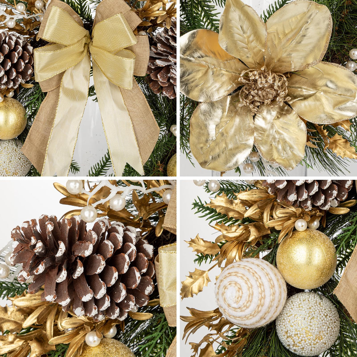 24” Champagne Christmas Wreaths for Front Door with Magnolia Fake Pearl, Christmas Door Wreath with Bow Golden Balls, Pine Needles Pine Cones for Home Wall Window Indoor Outdoor Xmas & Holiday Decor