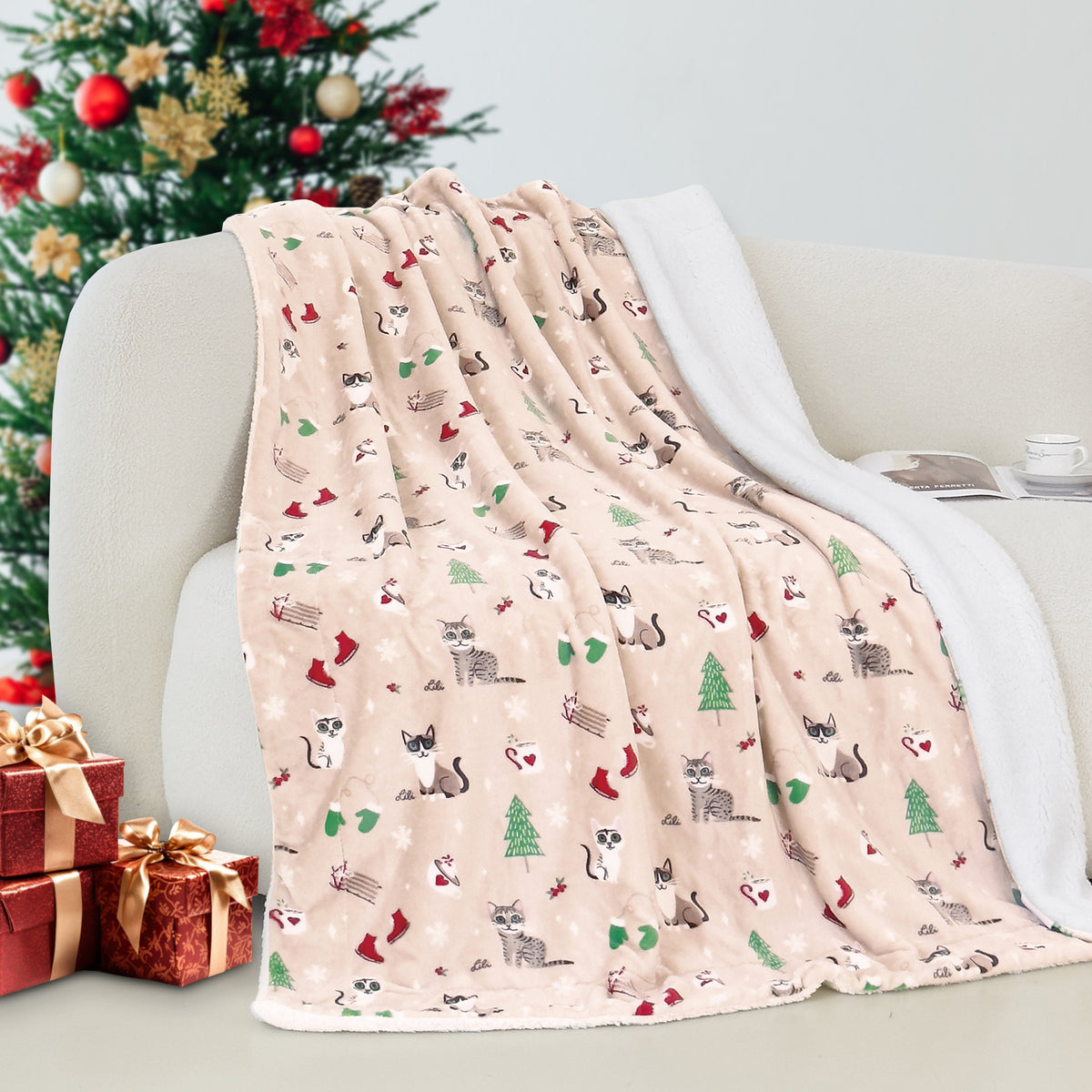 Mocassi Christmas Sherpa Throw with Flannel Fleece - 50 x 60 inches