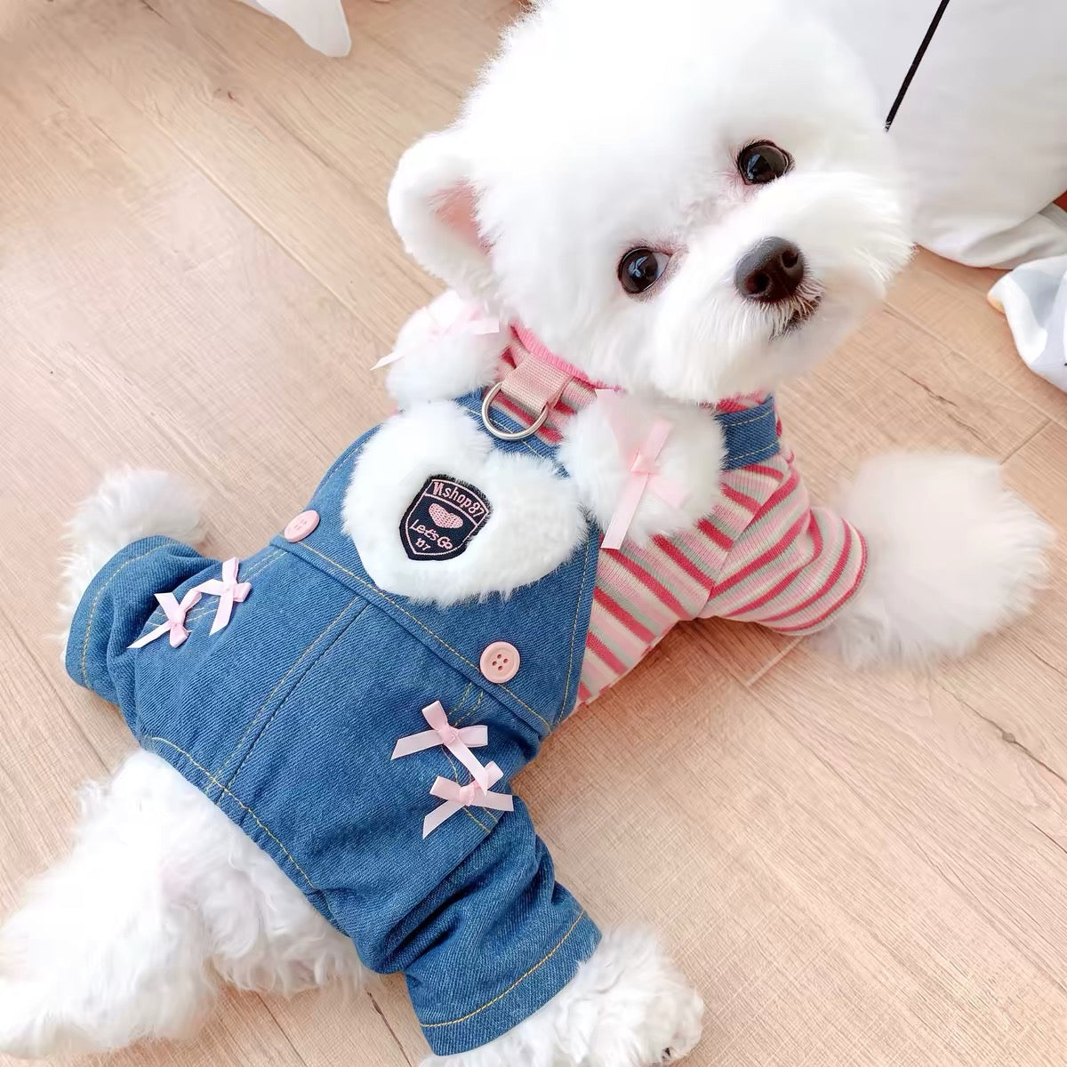 Fleece Sweet Heart Striped Denim Dog Jumpsuits