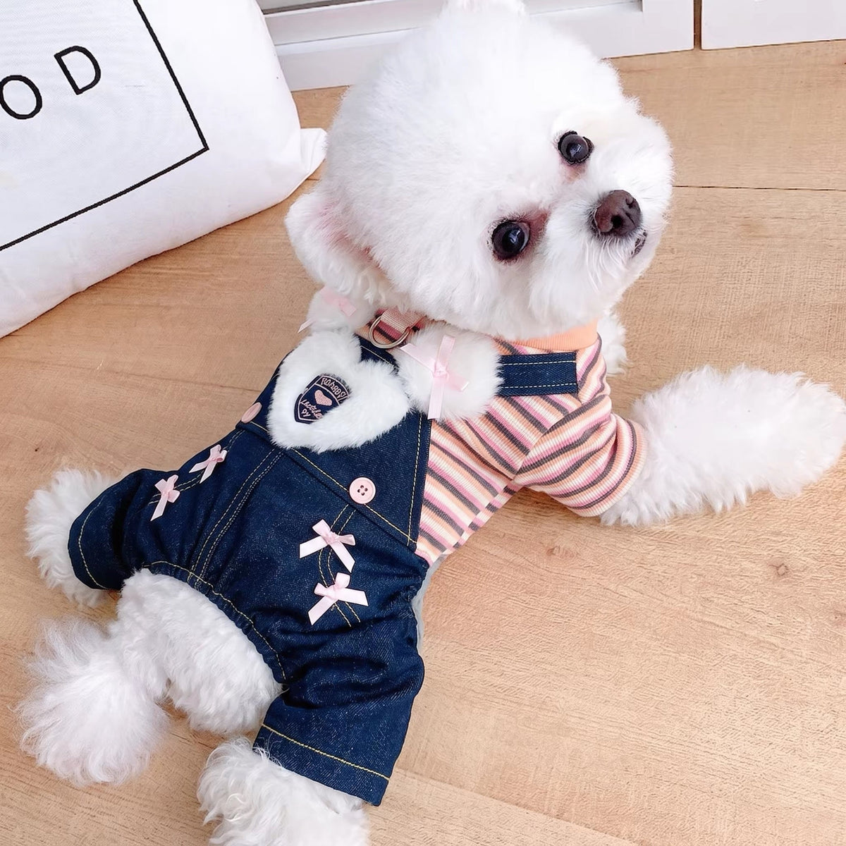 Fleece Sweet Heart Striped Denim Dog Jumpsuits