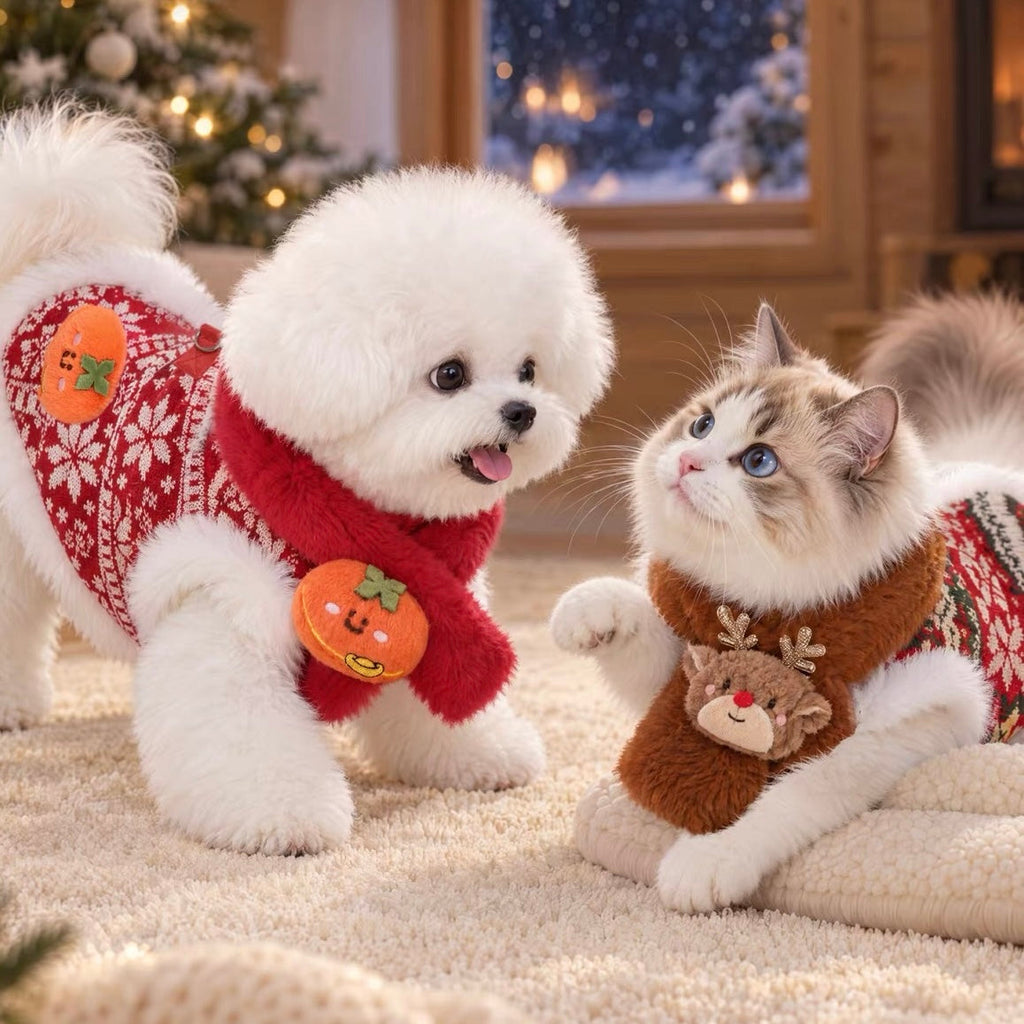 Christmas Elk Furry Dog Cat Jacket with Scarf