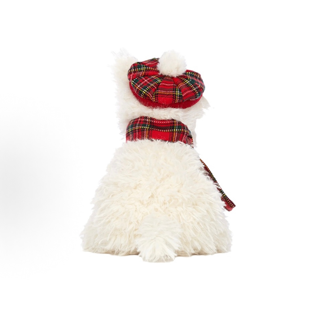 Monroe West Highland Terrier Plush Toy, White Scottie Dog Stuffed Animal with Red Tartan Beret & Scarf, Cute Soft Puppy Doll Christmas Holiday Gift for Kids