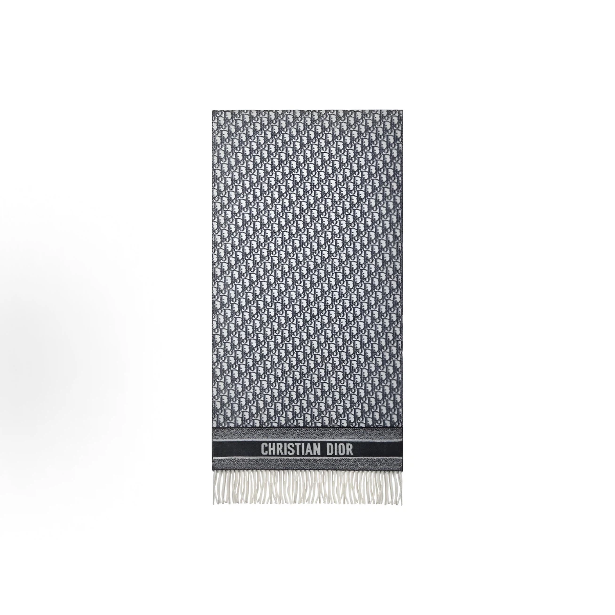 Grey‑Blue All‑Over Monogram Reversible Fringed Winter Scarf