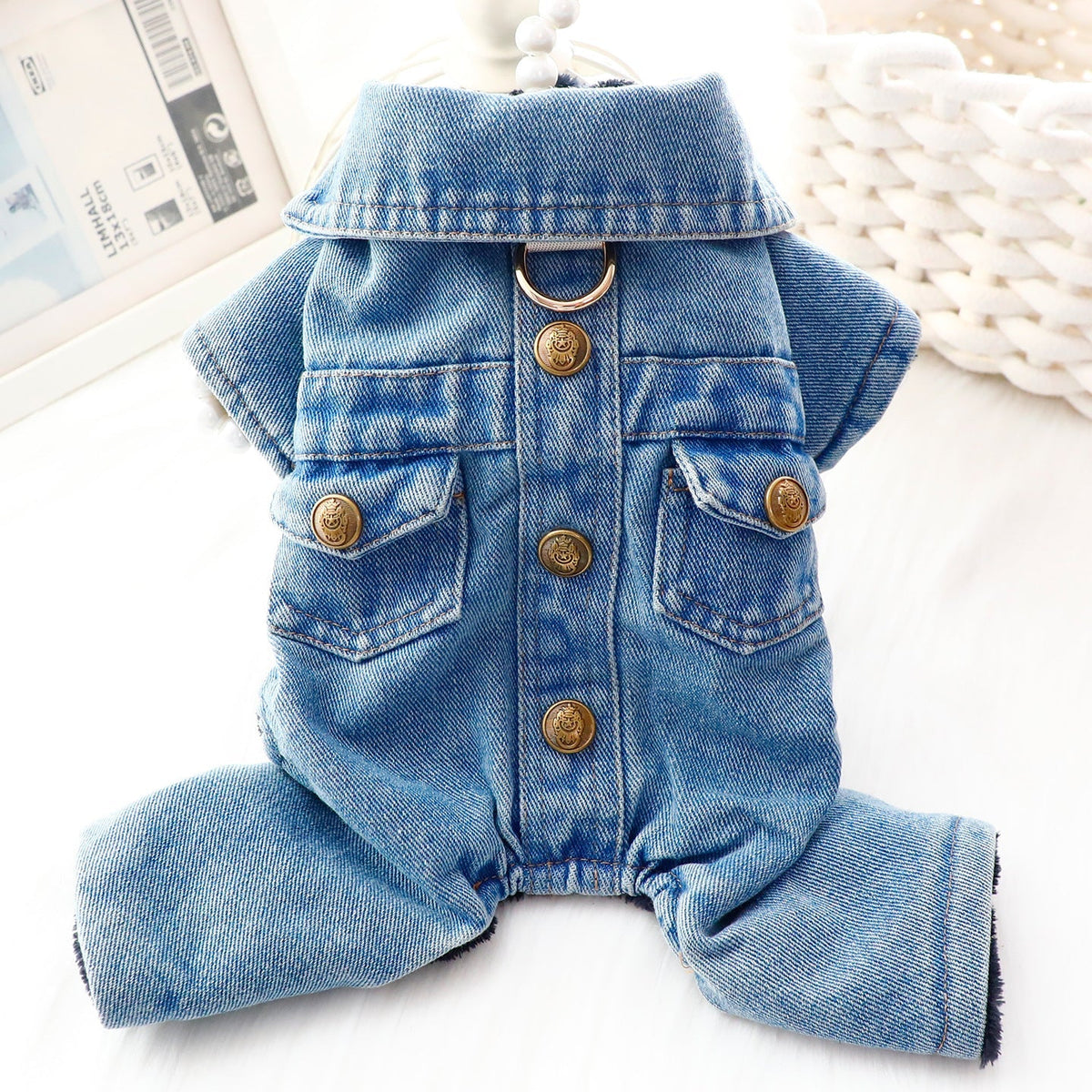Denim Buttoned Fleece Dog Jacket Jumpsuits