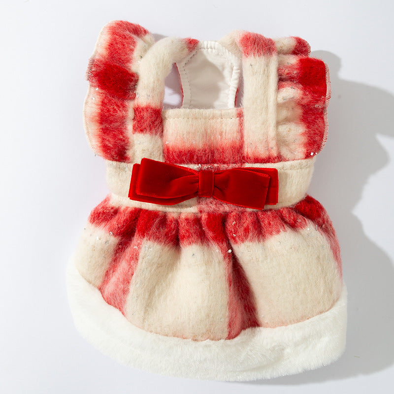Bow Plaid Ruffled Fleece Dog Cat Dress/Cape