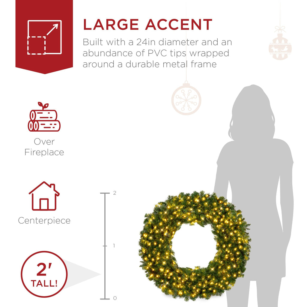 Pre-Lit Artificial Fir Christmas Wreath w/ LED Lights, Plug-In, PVC Tips