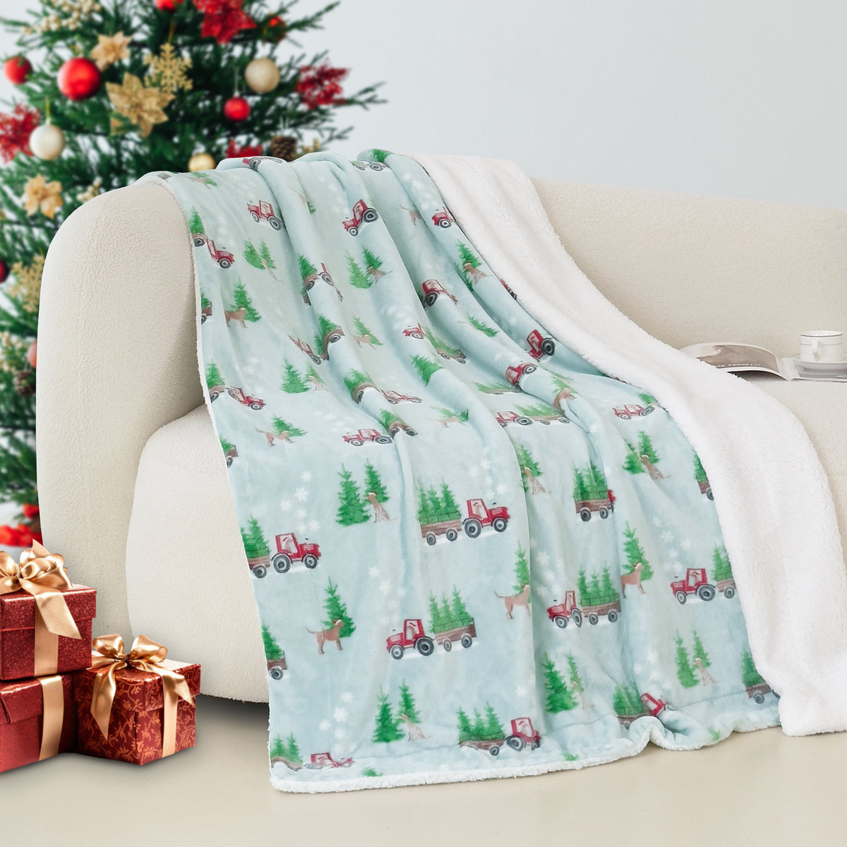 Mocassi Christmas Sherpa Throw with Flannel Fleece - 50 x 60 inches