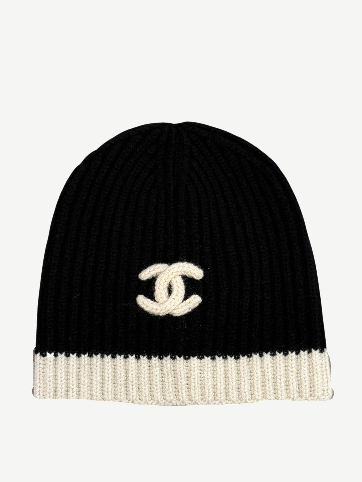Chanel CC Black White Ribbed Knit Beanie