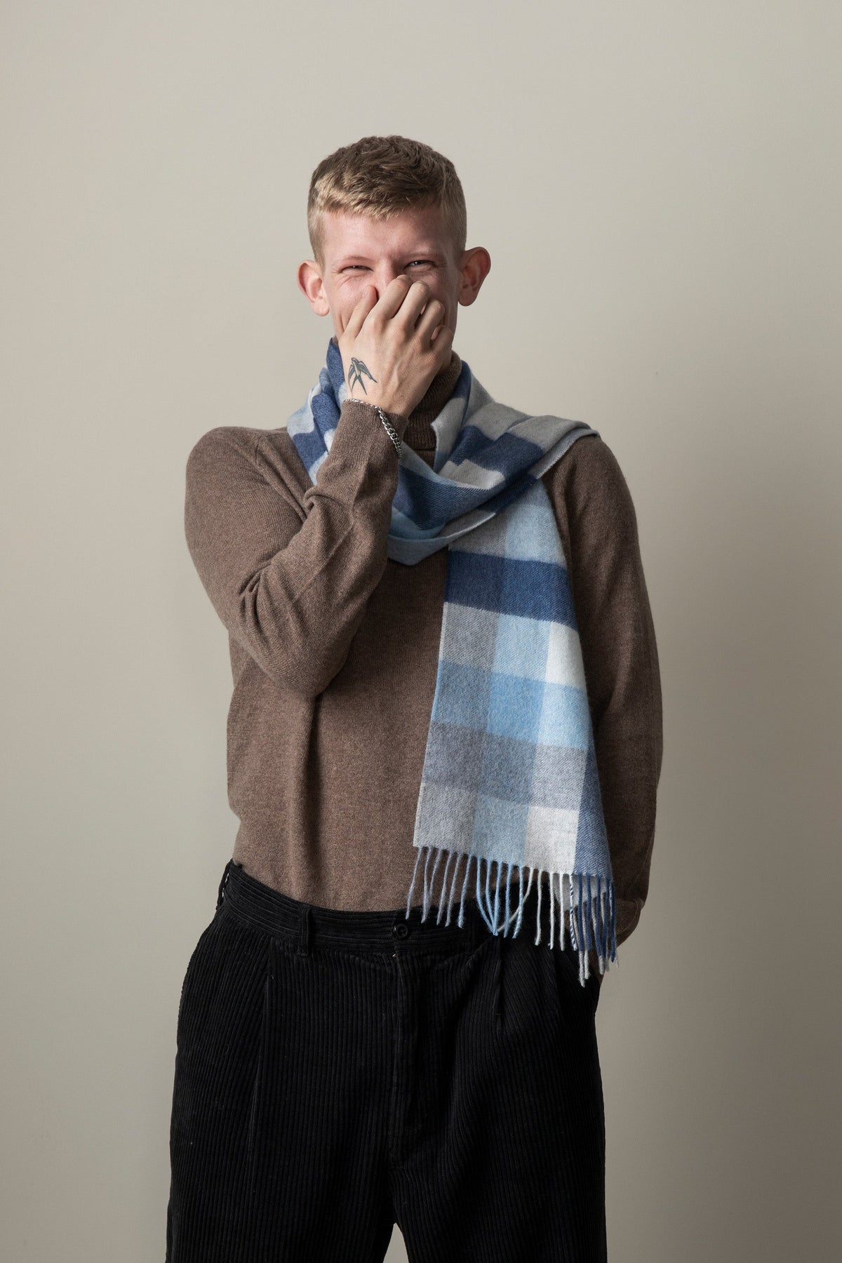 5 Square Check Cashmere Scarf - Glacier