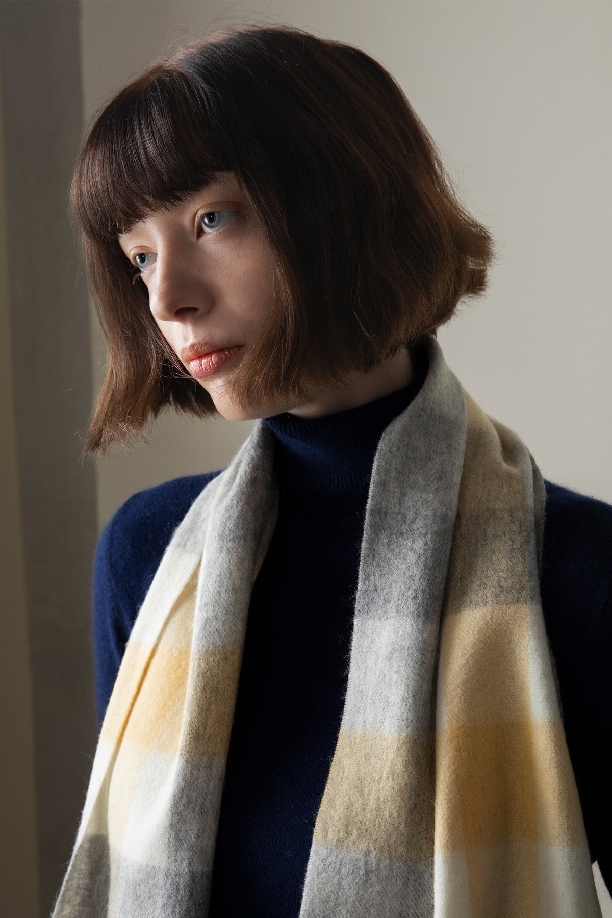 5 Square Check Lambswool Scarf - Butter