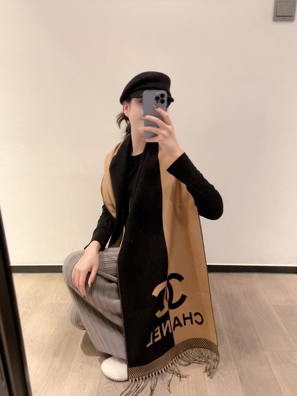Chanel Logo Panel Fringed Scarf
