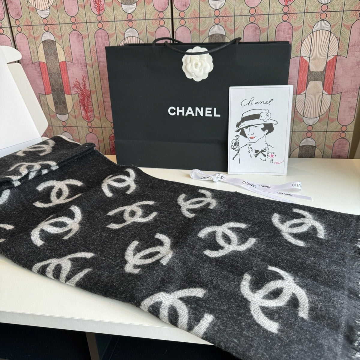 Chanel Reversible Logo Motif Scarf Shawl